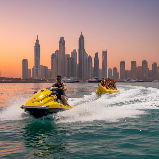Desportos aquáticos em iates de luxo no Dubai: jet ski, aventuras de mergulho.