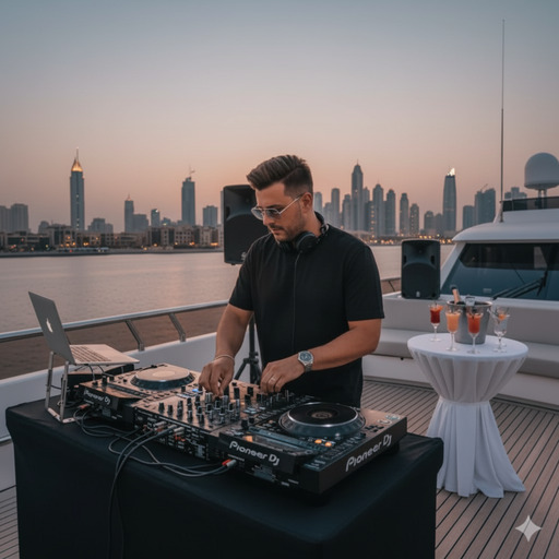 Entretenimento em iate de luxo com DJ e música no Dubai.