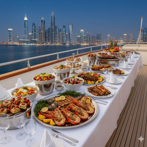 Serviço de catering gourmet premium para iates de luxo no Dubai.